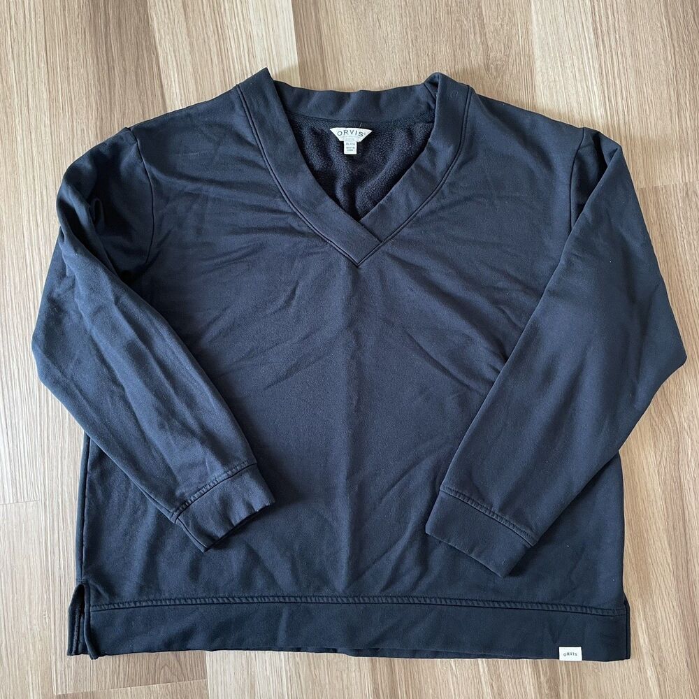 Orvis Women XL Black V-Neck Fleece Super Soft Cozy Pullover Sweatshirt Cabincore